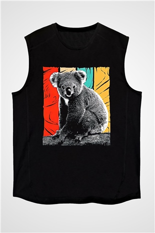 Koala Baskılı Unisex Siyah Kolsuz Tişört - Tshirt