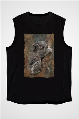 Koala Baskılı Unisex Siyah Kolsuz Tişört - Tshirt