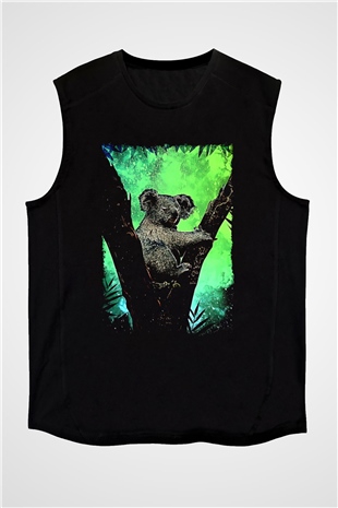 Koala Baskılı Unisex Siyah Kolsuz Tişört - Tshirt