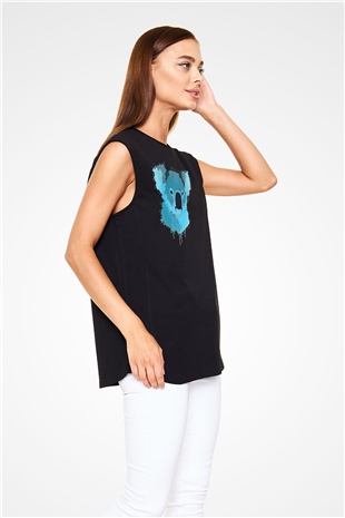 Koala Baskılı Unisex Siyah Kolsuz Tişört - Tshirt