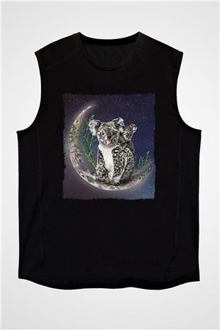 Koala Baskılı Unisex Siyah Kolsuz Tişört - Tshirt