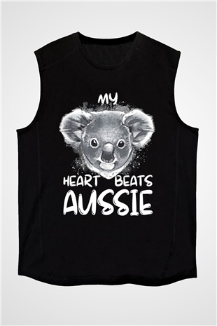 Koala Baskılı Unisex Siyah Kolsuz Tişört - Tshirt