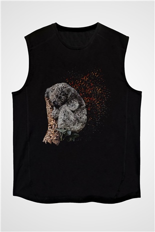 Koala Baskılı Unisex Siyah Kolsuz Tişört - Tshirt