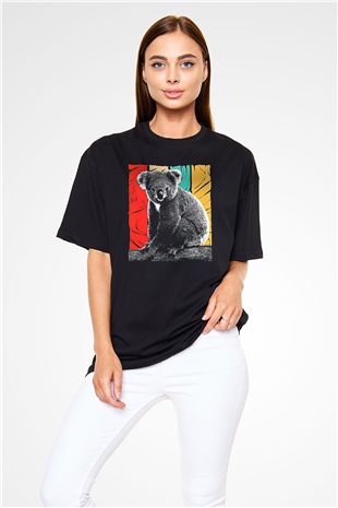 Koala Baskılı Unisex Siyah Oversize Tişört - Tshirt