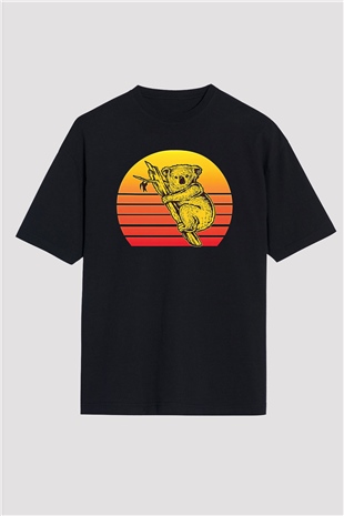 Koala Baskılı Unisex Siyah Oversize Tişört - Tshirt