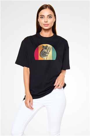 Koala Baskılı Unisex Siyah Oversize Tişört - Tshirt