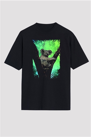 Koala Baskılı Unisex Siyah Oversize Tişört - Tshirt