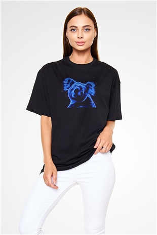 Koala Baskılı Unisex Siyah Oversize Tişört - Tshirt