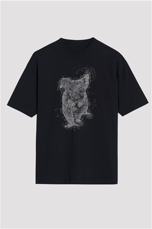 Koala Baskılı Unisex Siyah Oversize Tişört - Tshirt
