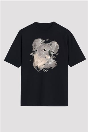 Koala Baskılı Unisex Siyah Oversize Tişört - Tshirt