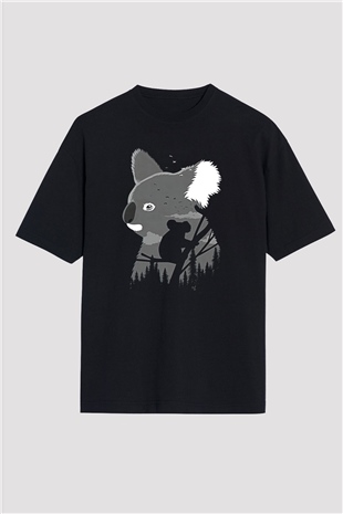 Koala Baskılı Unisex Siyah Oversize Tişört - Tshirt