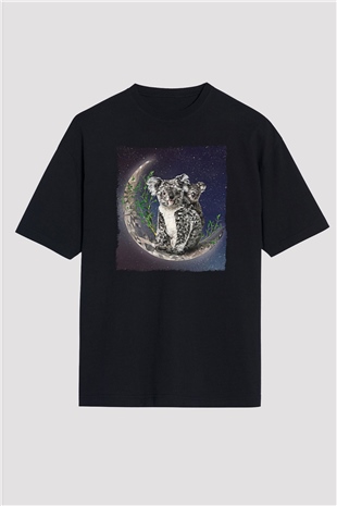 Koala Baskılı Unisex Siyah Oversize Tişört - Tshirt