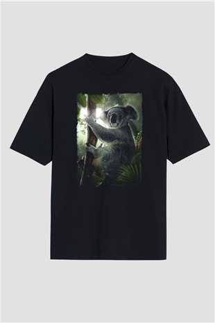 Koala Baskılı Unisex Siyah Oversize Tişört - Tshirt
