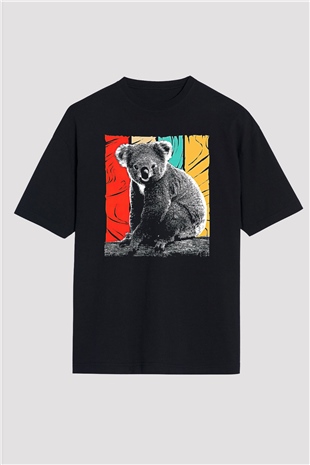 Koala Baskılı Unisex Siyah Oversize Tişört - Tshirt