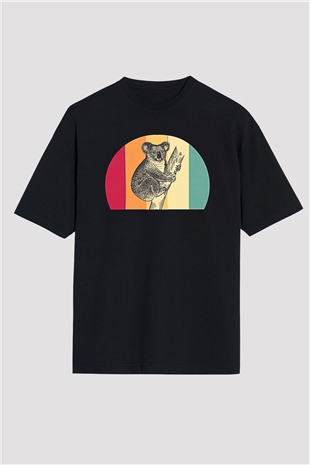 Koala Baskılı Unisex Siyah Oversize Tişört - Tshirt