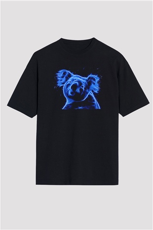 Koala Baskılı Unisex Siyah Oversize Tişört - Tshirt