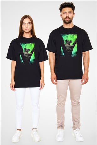 Koala Baskılı Unisex Siyah Oversize Tişört - Tshirt