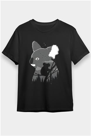 Koala Baskılı Unisex Siyah Tişört - Tshirt