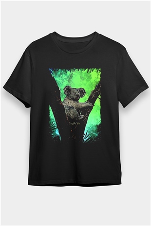 Koala Baskılı Unisex Siyah Tişört - Tshirt