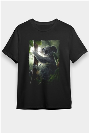 Koala Baskılı Unisex Siyah Tişört - Tshirt