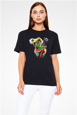 Koala Baskılı Unisex Siyah Tişört - Tshirt