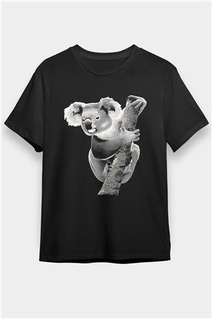 Koala Baskılı Unisex Siyah Tişört - Tshirt