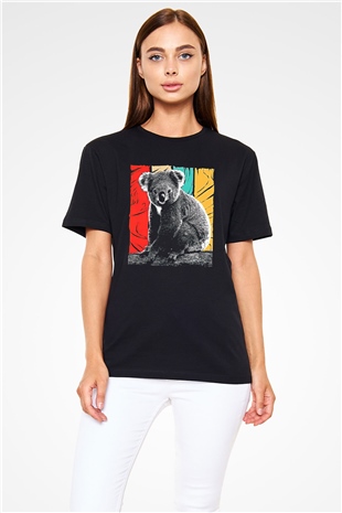 Koala Baskılı Unisex Siyah Tişört - Tshirt
