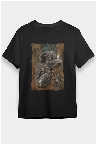 Koala Baskılı Unisex Siyah Tişört - Tshirt