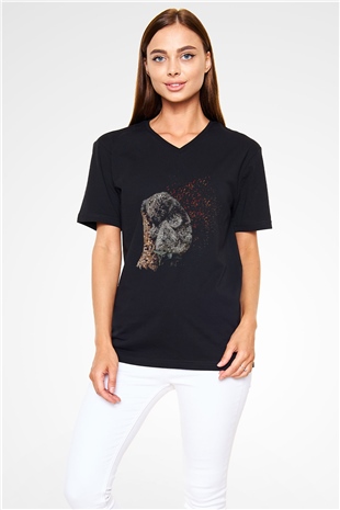 Koala Baskılı Unisex Siyah V Yaka Tişört - Tshirt