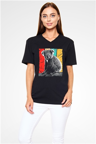 Koala Baskılı Unisex Siyah V Yaka Tişört - Tshirt