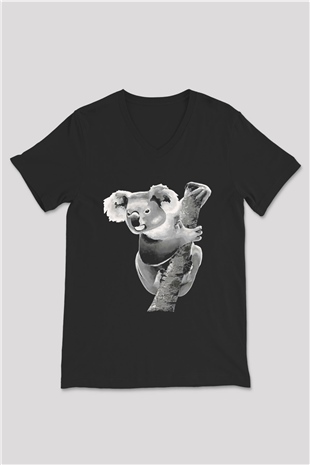 Koala Baskılı Unisex Siyah V Yaka Tişört - Tshirt