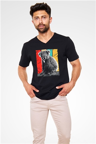 Koala Baskılı Unisex Siyah V Yaka Tişört - Tshirt