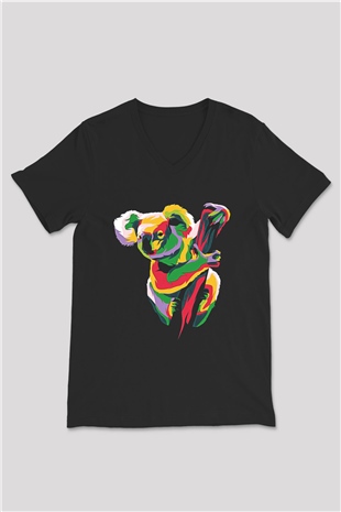 Koala Baskılı Unisex Siyah V Yaka Tişört - Tshirt