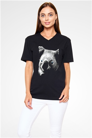 Koala Baskılı Unisex Siyah V Yaka Tişört - Tshirt