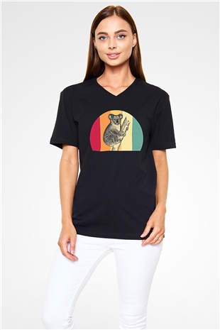 Koala Baskılı Unisex Siyah V Yaka Tişört - Tshirt