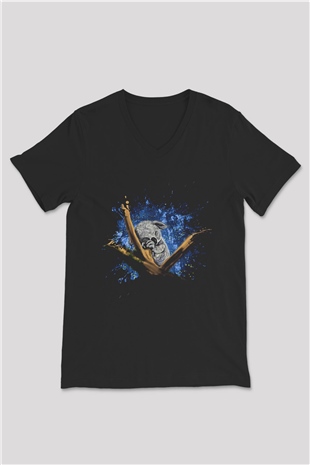Koala Baskılı Unisex Siyah V Yaka Tişört - Tshirt