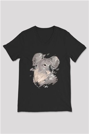 Koala Baskılı Unisex Siyah V Yaka Tişört - Tshirt