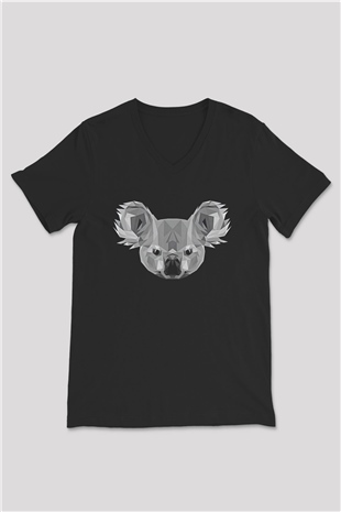 Koala Baskılı Unisex Siyah V Yaka Tişört - Tshirt