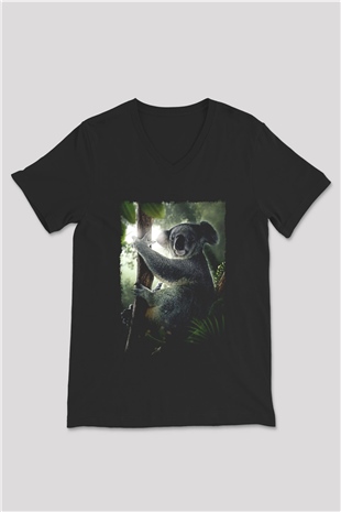 Koala Baskılı Unisex Siyah V Yaka Tişört - Tshirt