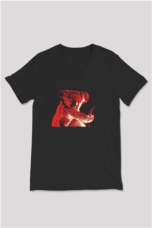 Koala Baskılı Unisex Siyah V Yaka Tişört - Tshirt