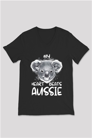 Koala Baskılı Unisex Siyah V Yaka Tişört - Tshirt