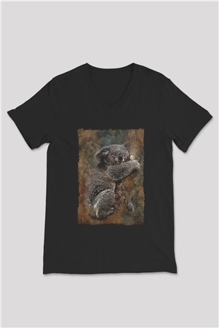 Koala Baskılı Unisex Siyah V Yaka Tişört - Tshirt