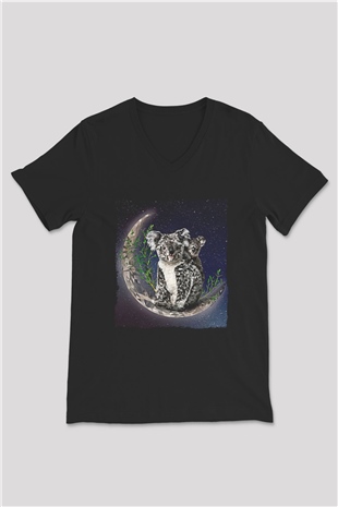 Koala Baskılı Unisex Siyah V Yaka Tişört - Tshirt