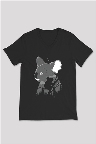 Koala Baskılı Unisex Siyah V Yaka Tişört - Tshirt