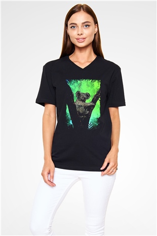 Koala Baskılı Unisex Siyah V Yaka Tişört - Tshirt