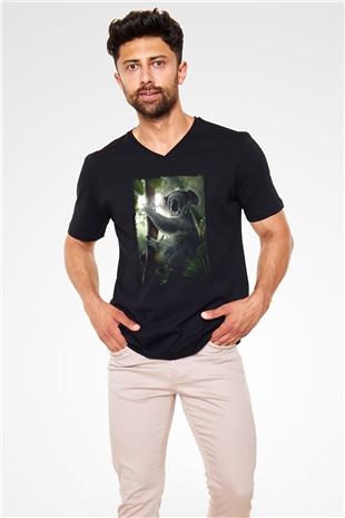 Koala Baskılı Unisex Siyah V Yaka Tişört - Tshirt