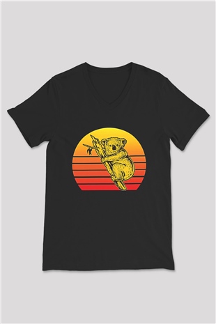Koala Baskılı Unisex Siyah V Yaka Tişört - Tshirt