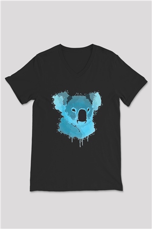 Koala Baskılı Unisex Siyah V Yaka Tişört - Tshirt