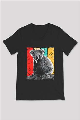 Koala Baskılı Unisex Siyah V Yaka Tişört - Tshirt