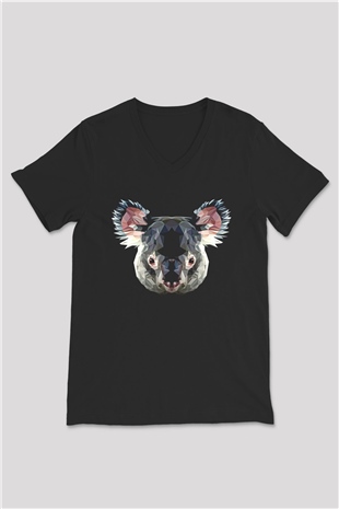 Koala Baskılı Unisex Siyah V Yaka Tişört - Tshirt